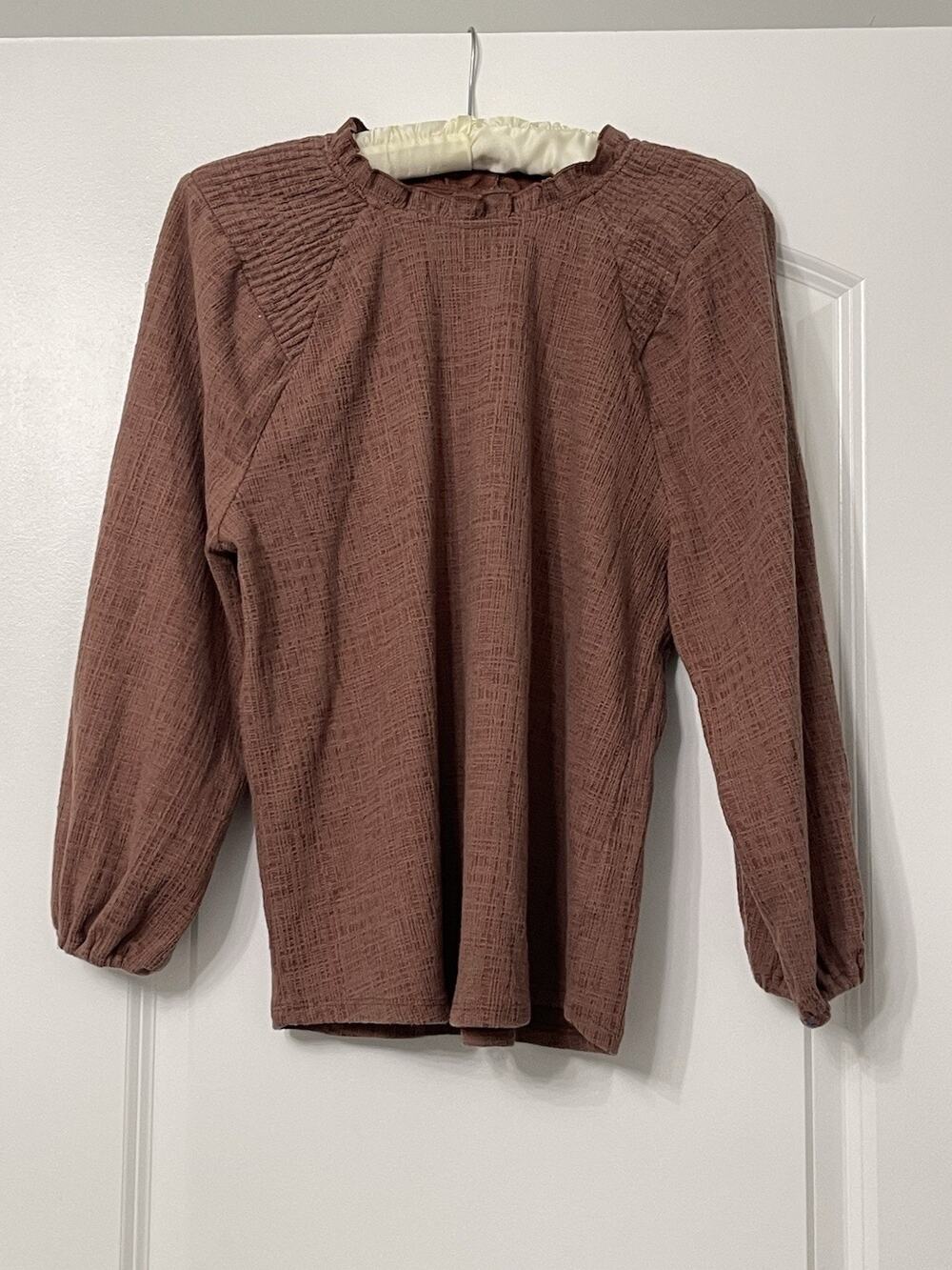 Current Air Anthropologie Brown Textured Ruffle Mock Neck Long Sleeve Top Size S